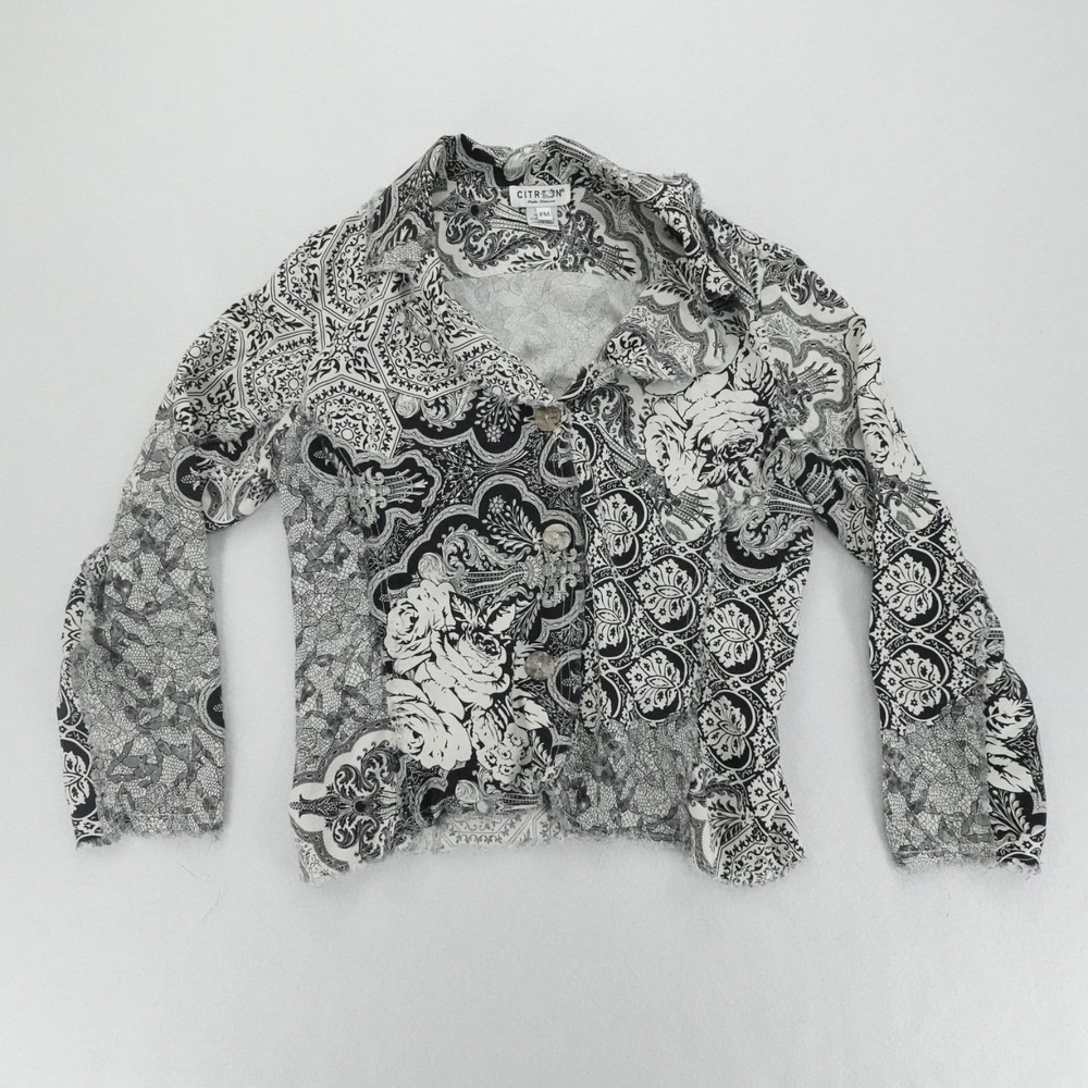 Citron Santa Monica Jacket Womens PM Black Paisley Silk Linen Art Wear Boho